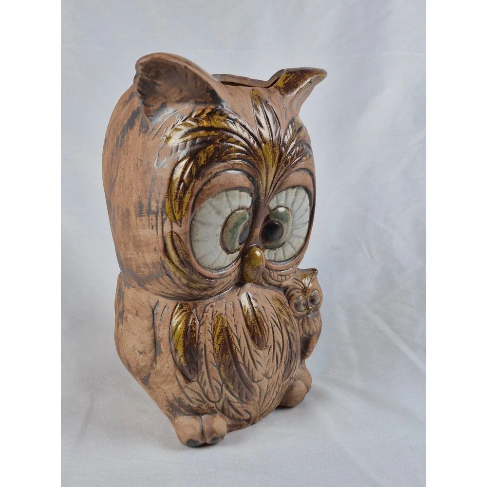 Vintage USA Owl Utensil Holder Cross Eyed Baby Owl Ceramic Kitchen Crock 2051